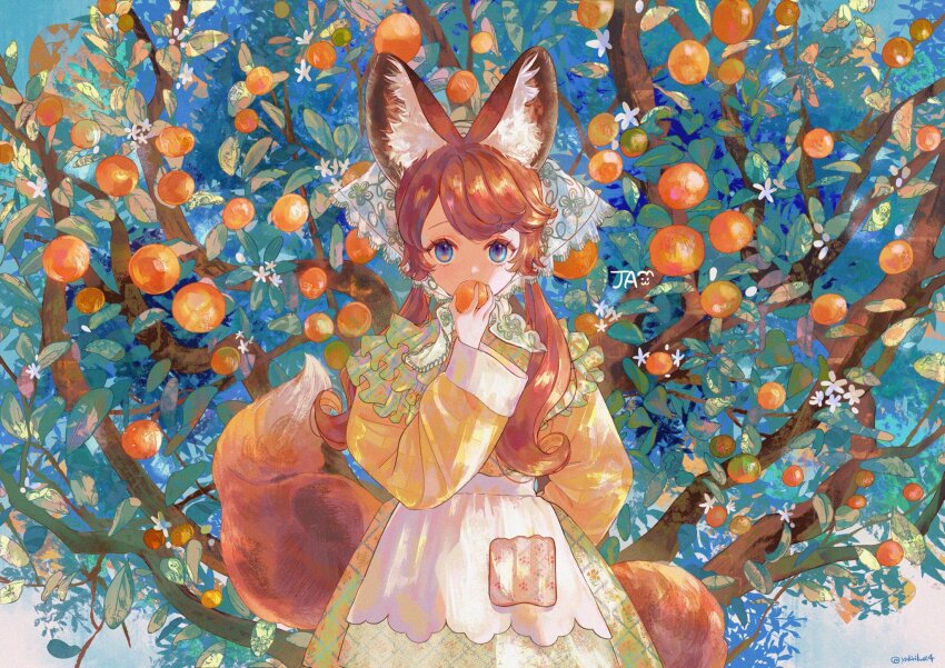 1girl animal_ear_fluff animal_ears apron arm_behind_back blue_eyes bonnet chin_strap commentary covering_own_mouth cowboy_shot dot_nose dress eyebrows_hidden_by_hair floral_print flower food fox_ears fox_girl fox_tail frilled_bonnet frills fruit grid_print hair_over_shoulder hand_up highres holding holding_food holding_fruit holding_orange jamu_(yakinikuoi4) long_hair long_sleeves looking_at_viewer low_twintails orange_(fruit) orange_hair orange_tree original parted_bangs puffy_long_sleeves puffy_sleeves puritan_collar sidelocks signature solo straight-on swept_bangs tail tree twintails twitter_username waist_apron white_apron white_flower yellow_dress