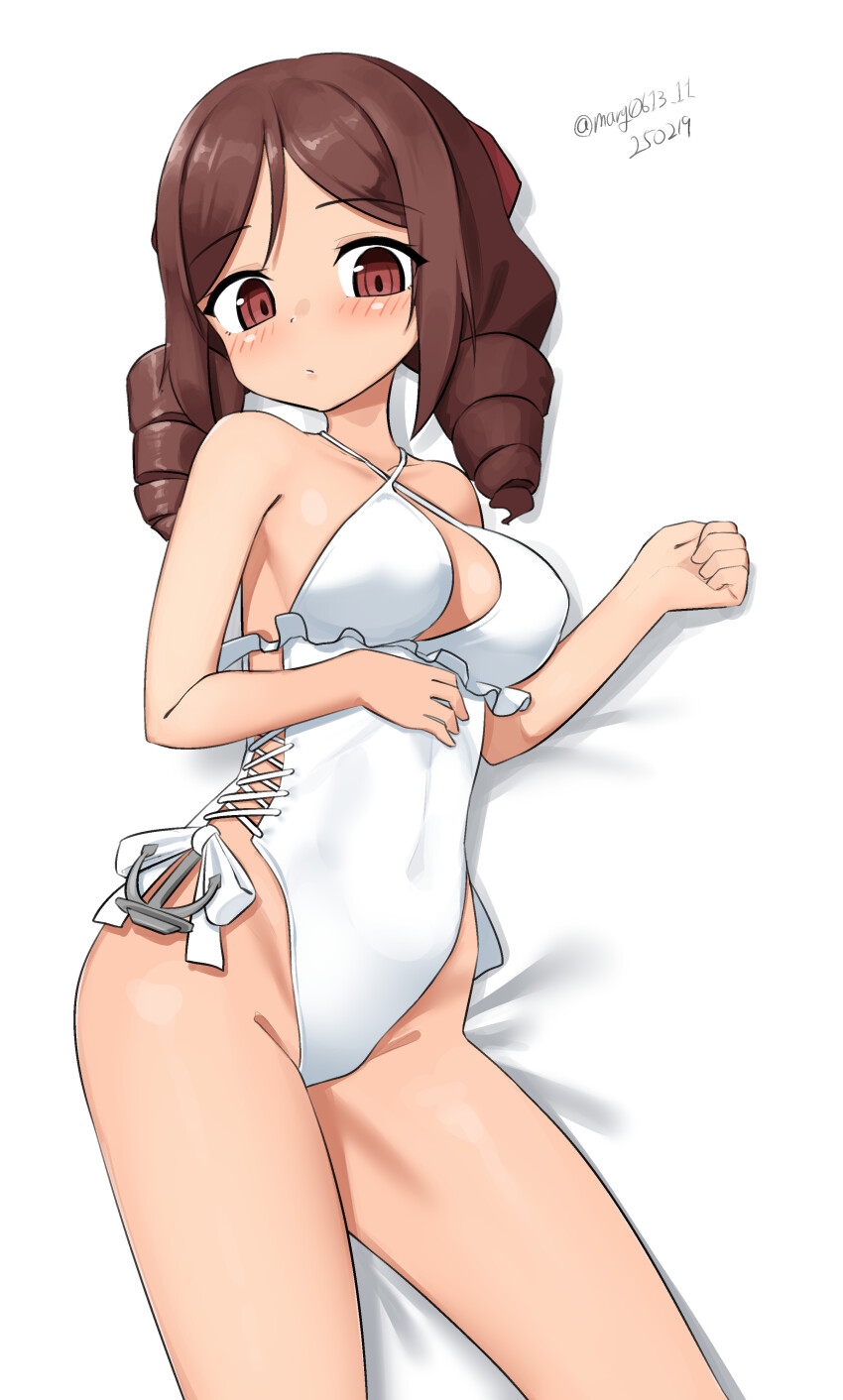 1girl absurdres bow breasts brown_hair casual_one-piece_swimsuit choker cosplay criss-cross_halter dated drill_hair flower frilled_one-piece_swimsuit frills hair_bow hair_flower hair_ornament hairband halterneck harukaze_(kancolle) highleg highleg_one-piece_swimsuit highres kantai_collection long_hair lying maru_(marg0613) on_side one-hour_drawing_challenge one-piece_swimsuit red_bow red_eyes sagiri_(kancolle) sagiri_(kancolle)_(cosplay) sagiri_(swimsuit)_(kancolle) side-tie_swimsuit solo swimsuit twin_drills twitter_username white_choker white_one-piece_swimsuit