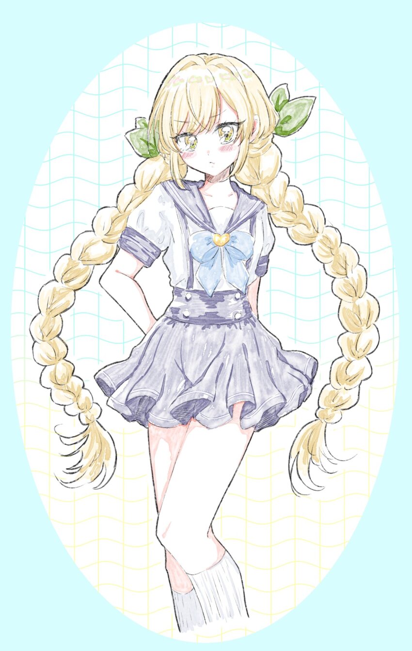 1girl blonde_hair blue_bow blue_bowtie blush bow bowtie braid brooch cropped_legs green_bow hair_bow hair_intakes heart heart_brooch high-waist_skirt highres inda_karane jewelry kikka_1003 kimi_no_koto_ga_dai_dai_dai_dai_daisuki_na_100-nin_no_kanojo long_hair miniskirt purple_sailor_collar sailor_collar short_sleeves skirt socks solo twin_braids very_long_hair white_socks yellow_eyes