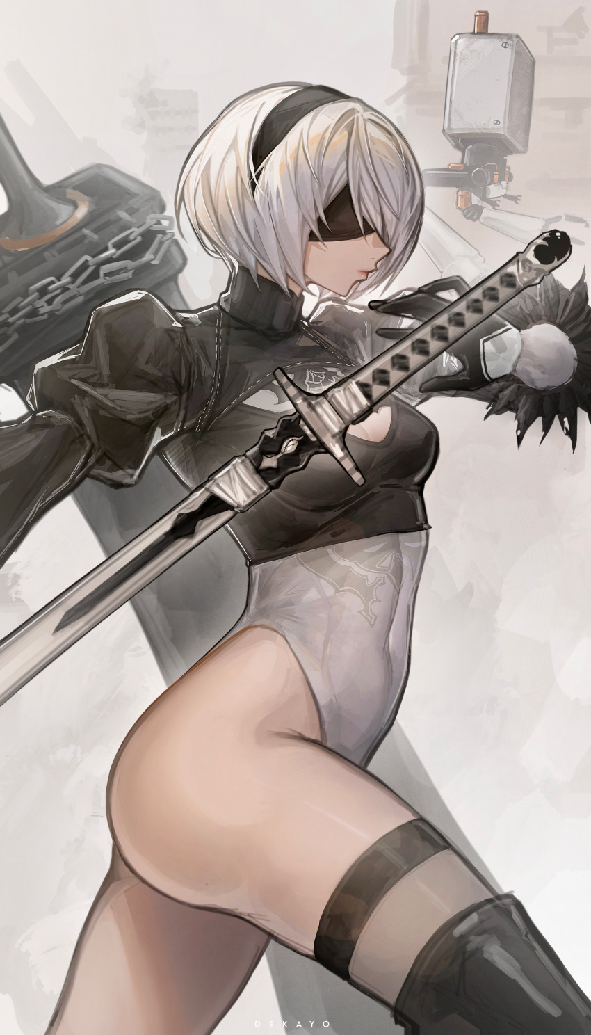 1girl 2b_(nier:automata) absurdres artist_name ass black_gloves black_hairband black_shirt blindfold breasts chain cleavage_cutout closed_mouth clothing_cutout commentary covered_eyes covered_navel deka_yo feather-trimmed_sleeves gloves greatsword hairband highleg highleg_leotard highres juliet_sleeves katana leotard lips long_sleeves medium_breasts nier:automata nier_(series) pink_lips pod_(nier:automata) profile puffy_sleeves shirt short_hair sword thighs weapon white_hair white_leotard