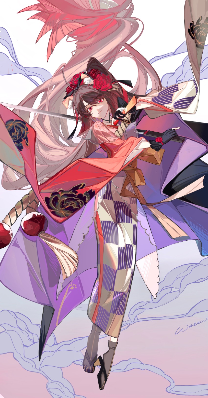 15776199 1girl absurdres ahoge animal_ears black_gloves breasts brown_hair checkered_clothes checkered_kimono dog_ears fate/grand_order fate_(series) flower full_body gloves gradient_hair grey_kimono hair_flower hair_ornament hair_ribbon highres holding holding_sword holding_weapon japanese_clothes katana kimono kyokutei_bakin_(fate) kyokutei_bakin_(second_ascension)_(fate) light_smile long_hair looking_at_viewer multicolored_hair multicolored_kimono ponytail red_eyes ribbon smile solo striped_clothes striped_kimono sword very_long_hair weapon