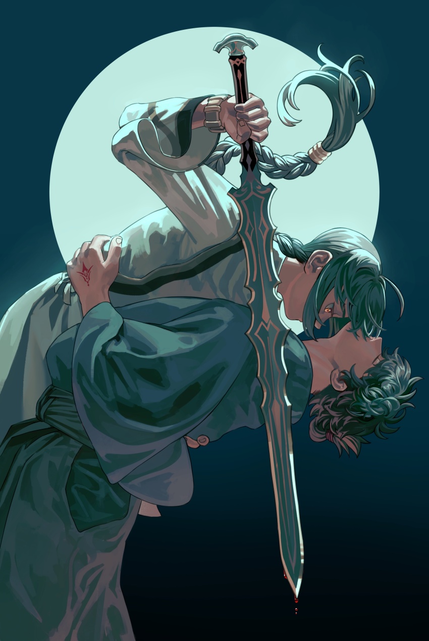 1boy 1other absurdres ahoge amenomurakumo-no-tsurugi_(fate) androgynous black_hair blood bloody_weapon blue_kimono bracelet braid braided_ponytail closed_eyes command_spell day_dream fate/grand_order fate/samurai_remnant fate_(series) floating_hair full_moon highres holding holding_sword holding_weapon japanese_clothes jewelry katana kimono miyamoto_iori_(fate) moon night orange_eyes sidelocks single_braid sword topknot weapon yamato_takeru_(fate)