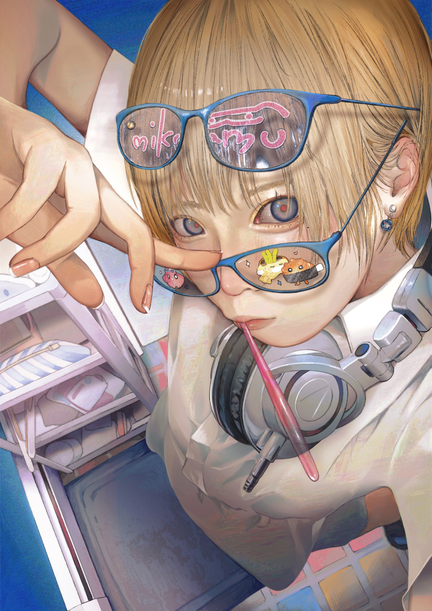 1girl absurdres adjusting_eyewear blonde_hair blue-framed_eyewear blue_eyes blush commentary earrings eyewear_on_head eyewear_pull from_above headphones headphones_around_neck highres indoors jewelry looking_at_viewer mikasamu mouth_hold original procreate_(medium) red_lips red_pupils self-portrait short_hair solo