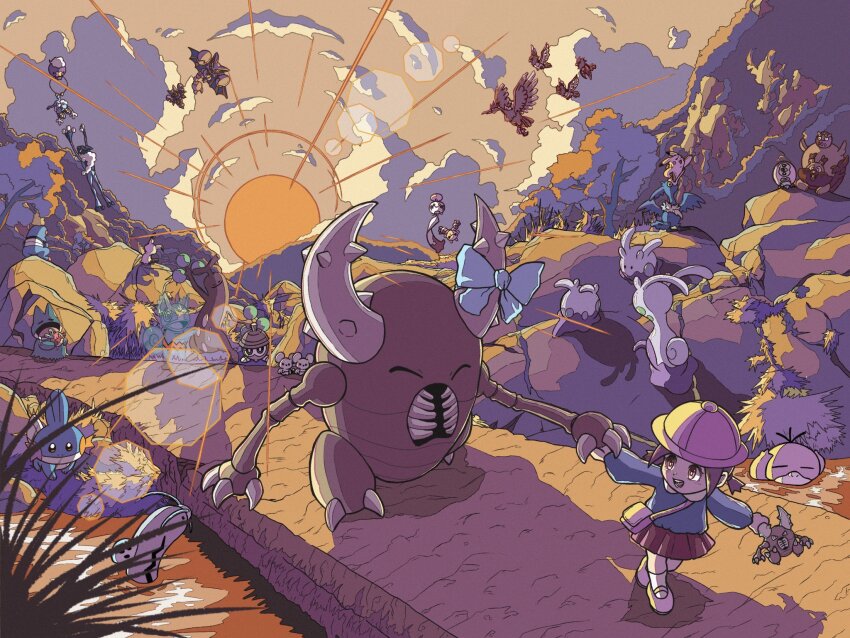applin barboach bird blue_bow bow bug chimecho chingling cloud commentary_request cramorant croagunk darumaka debudebumetabo drifloon fearow forest froakie frog frogadier gen_1_pokemon gen_2_pokemon gen_3_pokemon gen_4_pokemon gen_5_pokemon gen_6_pokemon gen_7_pokemon gen_8_pokemon gligar gliscor goomy greedent highres kecleon mimikyu mouse_(animal) mudkip munchlax murkrow nature nintendo on_rock partially_submerged pikachu pinsir pokemon pokemon_(creature) pokemon_bw preschooler_(pokemon) psyduck red_skirt seedot shadow skirt sliggoo stuffed_animal stuffed_toy sudowoodo sun tandemaus tarountula tree water