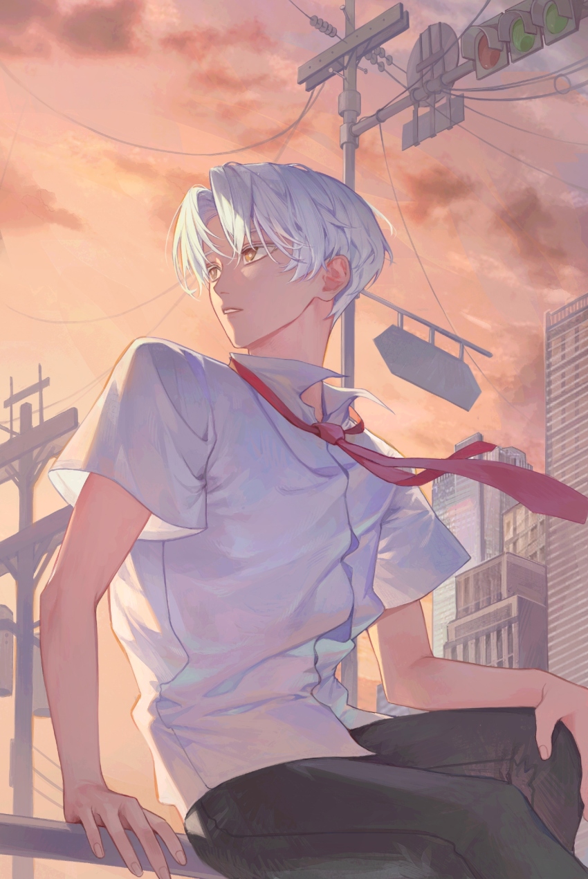 0gong0 1boy black_pants bright_pupils cowboy_shot highres looking_to_the_side male_focus necktie nose original pants parted_bangs parted_lips red_necktie shirt short_hair short_sleeves sitting solo teeth white_hair white_pupils white_shirt yellow_eyes
