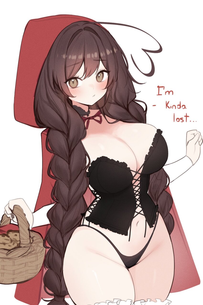1girl ahoge basket black_corset black_panties blush braid breasts brown_eyes brown_hair cleavage closed_mouth commentary corset english_commentary english_text heart heart_ahoge highres holding holding_basket indie_virtual_youtuber large_breasts long_hair looking_at_viewer navel neck_ribbon panties red_hood red_ribbon ribbon simple_background sky_above_me sky_above_me_(vtuber) solo stomach thighs twin_braids twintails underwear variant_set virtual_youtuber white_background