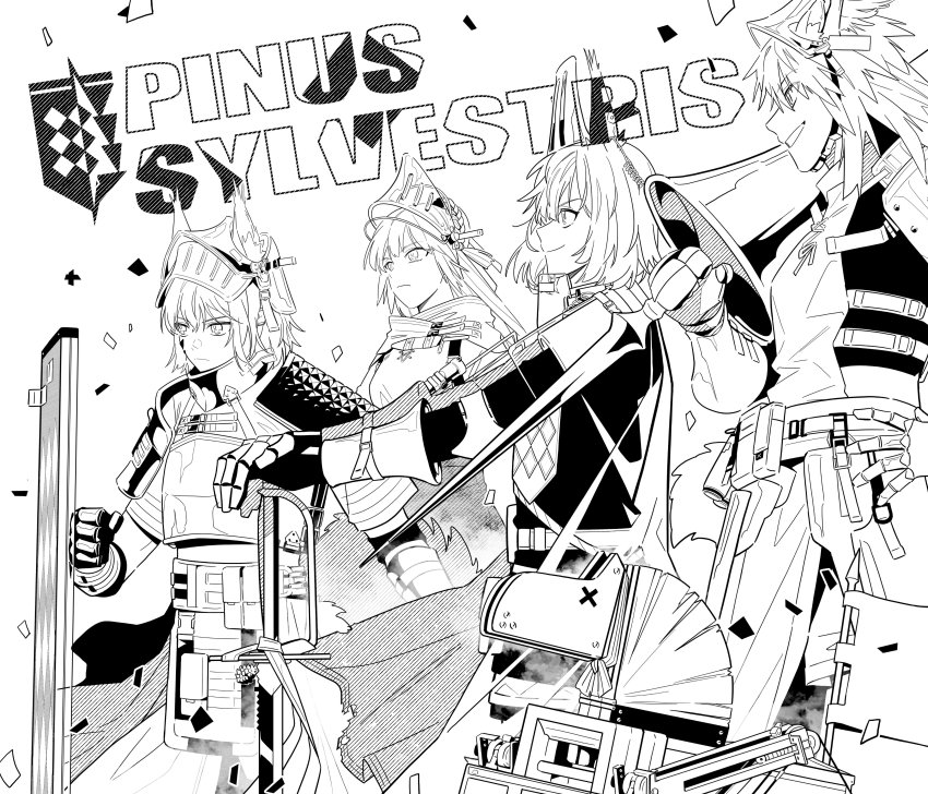 4girls absurdres animal_ears arknights ashlock_(arknights) cape ear_covers ear_tag ears_through_headwear fartooth_(arknights) flametail_(arknights) gauntlets greyscale grin highres holding holding_polearm holding_shield holding_weapon horse_girl justice_knight_(arknights) lance long_hair material_growth monochrome multiple_girls oripathy_lesion_(arknights) polearm robot shield short_hair simple_background smile squirrel_ears squirrel_girl tastybab visor_(armor) visor_lift weapon white_background wild_mane_(arknights)