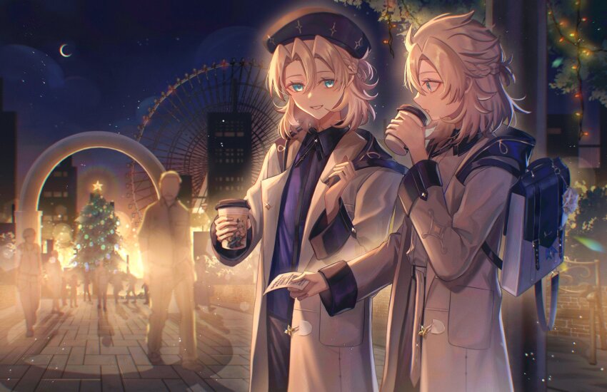 2boys albedo_(genshin_impact) bag bag_charm bench beret black_hat black_ribbon blonde_hair blue_eyes blue_shirt braid brown_coat building bush charm_(object) christmas_lights christmas_tree city clone coat collared_shirt commentary cowboy_shot crescent_moon cup disposable_coffee_cup disposable_cup ferris_wheel genshin_impact grin hair_between_eyes half_up_half_down_braid half_updo hand_up hat highres holding holding_cup holding_paper hood hood_down hooded_coat lapels lens_flare light_particles long_sleeves looking_at_another male_focus march_rly medium_hair moon multiple_boys neck_ribbon night night_sky open_clothes open_coat open_mouth outdoors paper parted_bangs primordial_albedo ribbon shirt sky smile standing star_(sky) starry_sky symbol-only_commentary tree wing_collar