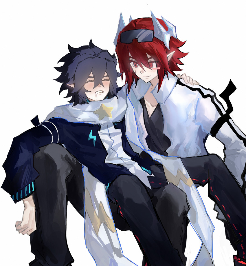2boys absurdres aotu_world arm_around_shoulder arm_ribbon black_hair black_pants black_shirt blue_jacket blush chinese_commentary closed_eyes closed_mouth diaoyushao20185 drooling eyewear_on_head feet_out_of_frame goggles goggles_on_head hair_between_eyes hand_on_another&#039;s_shoulder headgear high_collar highres jacket long_sleeves male_focus multiple_boys official_alternate_costume open_clothes open_jacket pants pius_(aotu_world) pointy_ears ray_(aotu_world) red_eyes red_hair ribbon scar scar_on_face scarf shirt short_hair simple_background sitting sitting_on_lap sitting_on_person sleeping smile star_(symbol) star_print teeth unworn_headwear v-neck white_background white_jacket white_scarf white_shirt yaoi