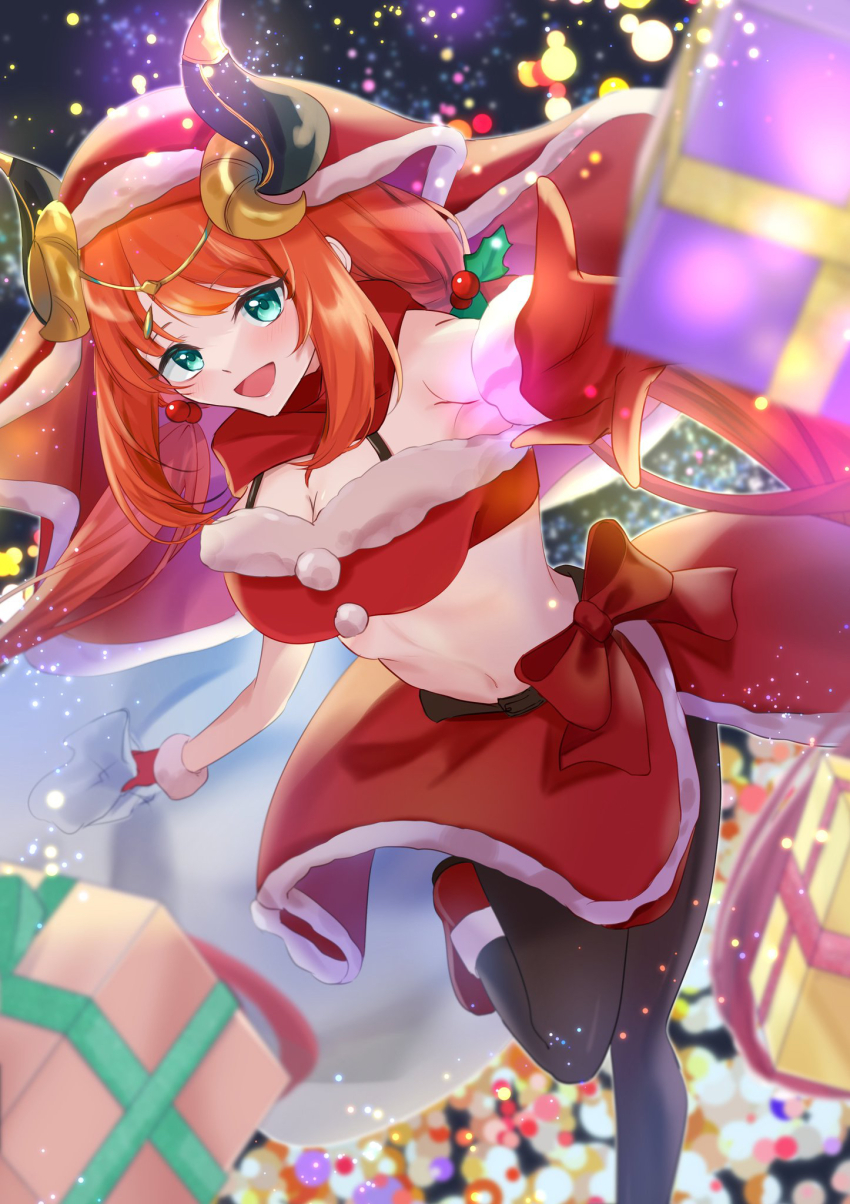 1girl aqua_eyes black_pantyhose blush bow breasts christmas crop_top earrings fake_horns genshin_impact gift gloves highres horns jewelry leg_up long_hair looking_at_viewer marufus navel nilou_(genshin_impact) open_mouth pantyhose red_bow red_gloves red_hair red_shirt red_shoes red_skirt red_veil santa_costume shirt shoes skirt smile solo upper_body veil