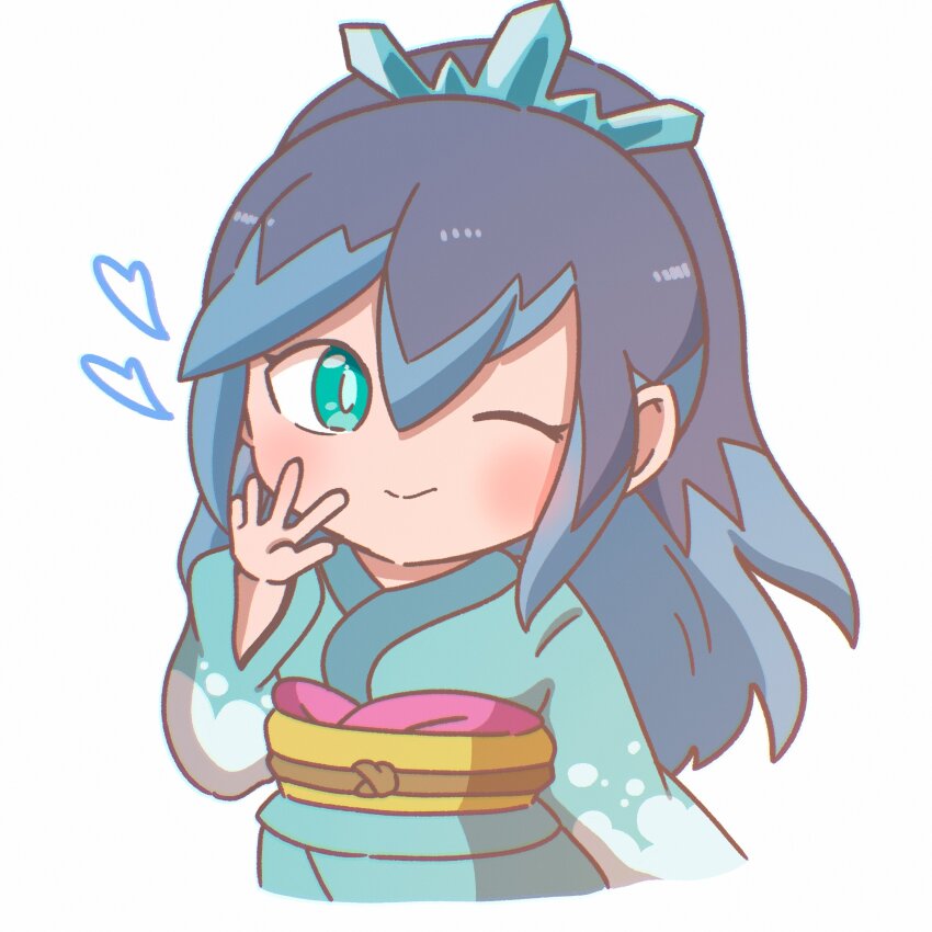 1girl absurdres blue_eyes blue_hair blue_kimono fubukihime heart highres japanese_clothes kimono light_smile long_hair looking_at_viewer one_eye_closed simple_background solo suzu_youkai teeth upper_teeth_only white_background youkai_(youkai_watch) youkai_watch