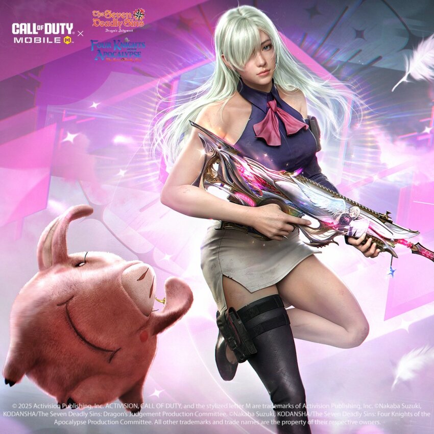 1girl asymmetrical_footwear black_thighhighs blonde_hair call_of_duty call_of_duty:_mobile copyright_logo copyright_notice elizabeth_liones gun hair_over_one_eye hawk_(nanatsu_no_taizai) holding holding_gun holding_weapon jewelry long_hair looking_at_viewer nanatsu_no_taizai official_art pig promotional_art realistic single_thighhigh skirt straight_hair tagme thighhighs weapon