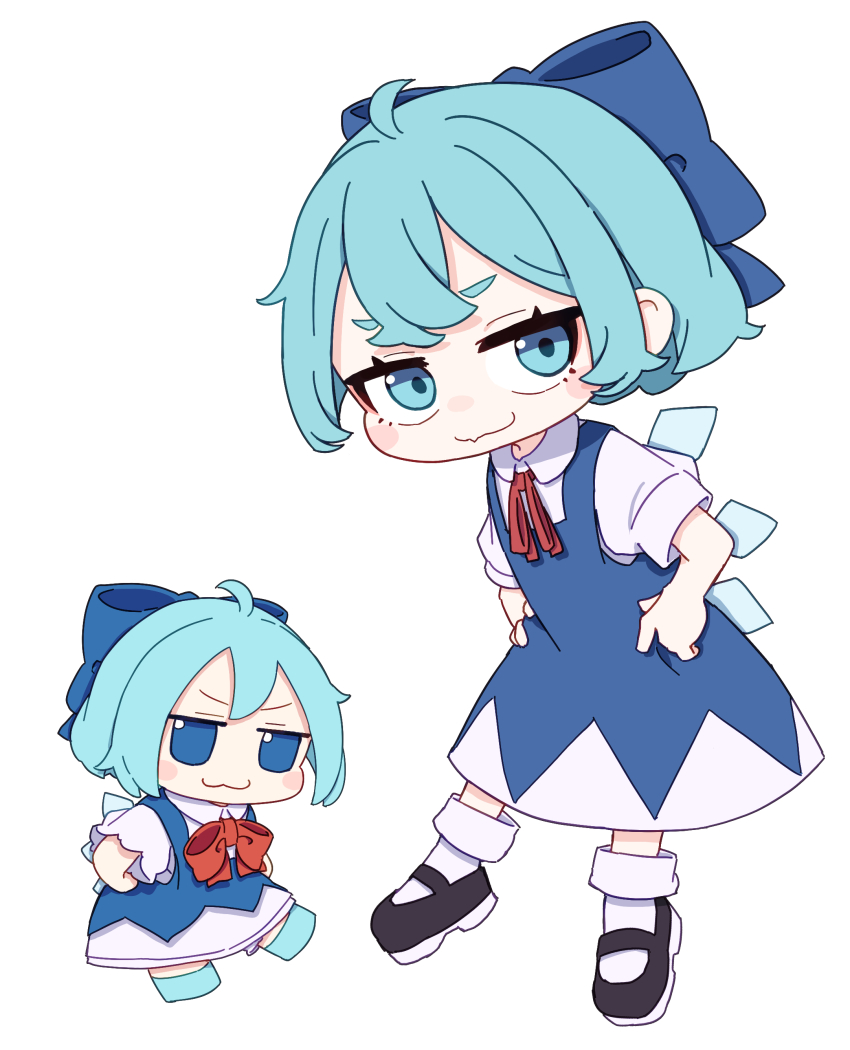 2girls absurdres ahoge black_shoes blue_bow blue_dress blue_eyes blue_hair blue_shoes blush_stickers bow bowtie cirno closed_mouth collared_shirt commentary_request dress dual_persona fang fang_out full_body fumo_(doll) hair_bow highres ice ice_wings kame_(kamepan44231) multiple_girls neck_ribbon pinafore_dress red_bow red_bowtie red_ribbon ribbon shirt shoes short_hair short_sleeves skin_fang sleeveless sleeveless_dress smile socks touhou white_shirt white_socks wings