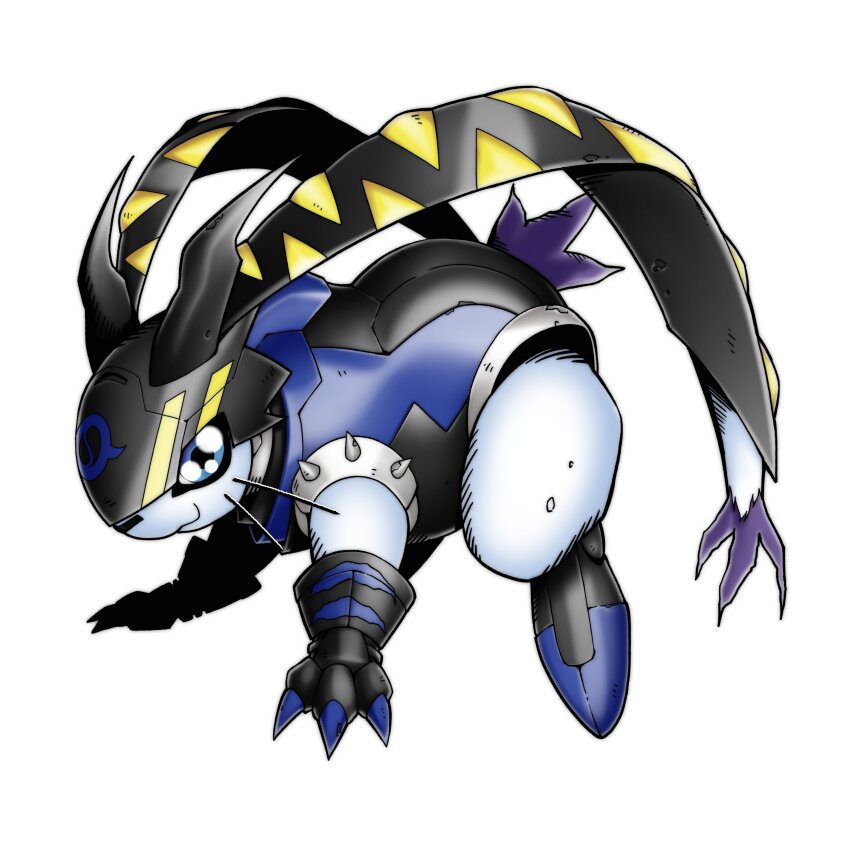 absurdres armor bitmon blue_eyes crests_(digimon) digimental_of_friendship digimon digimon_(creature) fuzzzycomics highres long_ears looking_at_viewer oridigi original rabbit rabbit_ears solo tailmon whiskers