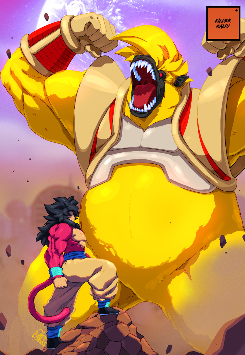 baby_(dragon_ball) black_hair body_fur dougi dragon_ball dragon_ball_gt gloves golden_oozaru highres male_focus monkey_boy monkey_tail multiple_boys muscular muscular_male oozaru open_mouth pants pectorals red_eyes saiyan sharp_teeth son_goku spiked_hair super_saiyan super_saiyan_4 tail teeth tovio_rogers vegeta yellow_pants