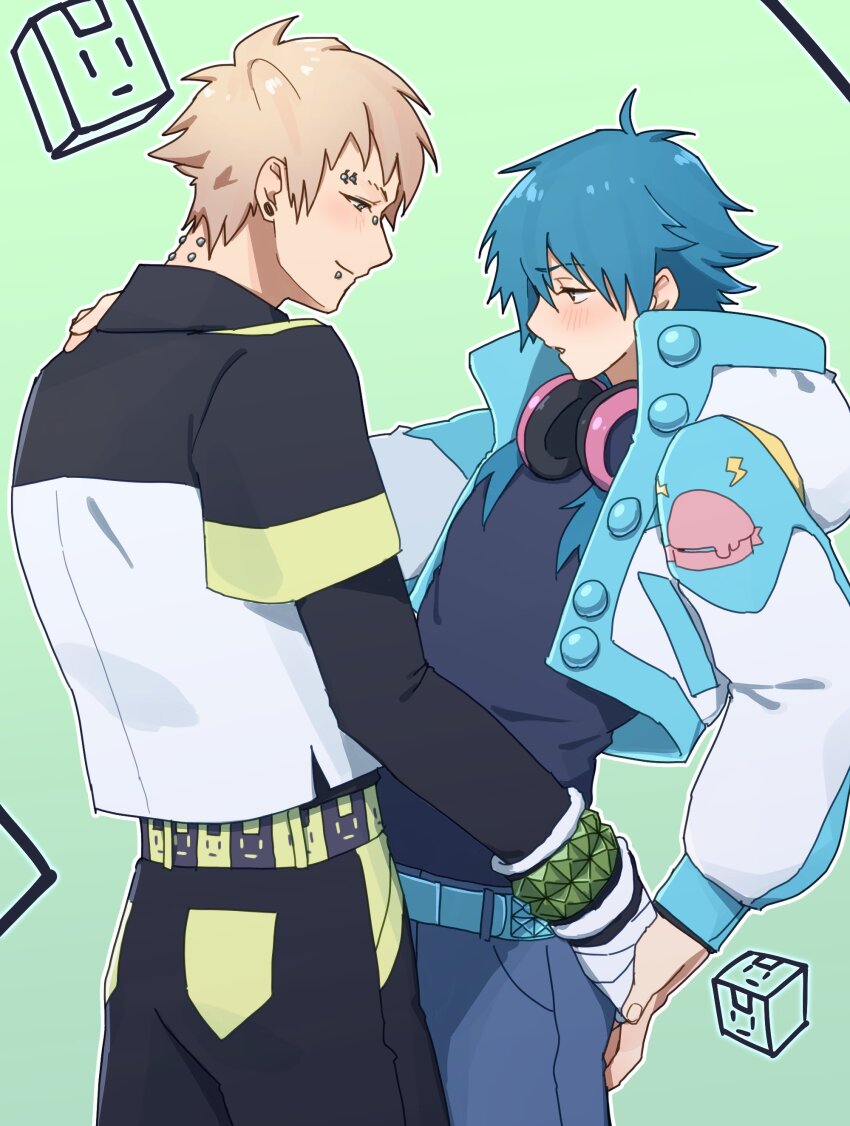 2boys absurdres belt black_pants blonde_hair blue_belt blue_hair blue_pants blush bridge_piercing collared_jacket commentary_request cropped_jacket dramatical_murder earrings eye_contact eyebrow_piercing hand_on_another&#039;s_ass hand_on_another&#039;s_hand hand_on_own_shoulder headphones headphones_around_neck highres jacket jewelry labret_piercing layered_sleeves long_hair long_sleeves looking_at_another male_focus mokado375 multicolored_shirt multiple_boys multiple_piercings neck_piercing noiz_(dramatical_murder) pants piercing popped_collar seragaki_aoba short_hair short_over_long_sleeves short_sleeves standing yaoi