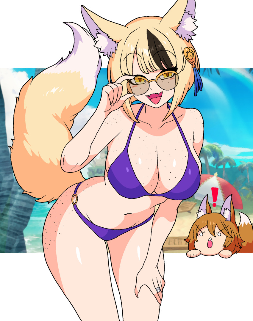 ! 1boy 1girl absurdres activeajames alternate_breast_size animal_ear_fluff animal_ears beach beach_umbrella bikini body_freckles breasts claws cleavage collarbone fangs father_and_daughter fire_emblem fire_emblem_fates fox_ears fox_girl fox_tail freckles glasses hair_ornament hand_on_own_thigh highres jewelry kaden_(fire_emblem) kitsune large_breasts leaning_forward looking_at_viewer multicolored_hair nintendo o-ring o-ring_bikini open_mouth purple_bikini ring selkie_(fire_emblem) streaked_hair swimsuit tail two-tone_hair umbrella yellow_eyes