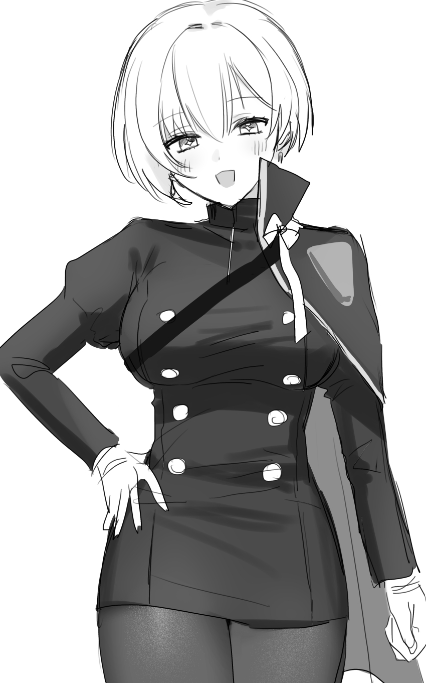 1girl :d absurdres breasts commentary_request cowboy_shot hair_between_eyes hand_on_own_hip hand_up highres kumo_tabetai large_breasts light_blush liliweiss_(nikke) looking_at_viewer medium_hair military_uniform monochrome nikke open_mouth pantyhose side_cape simple_background smile solo standing star-shaped_pupils star_(symbol) symbol-shaped_pupils white_background