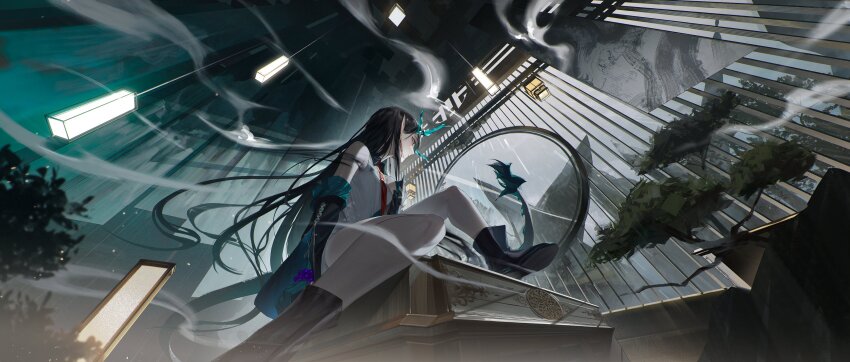 1girl absurdres ankle_boots architecture arknights bare_legs bead_bracelet beads black_boots bonsai boots bracelet colored_skin commentary dragon_girl dragon_horns dragon_tail dusk_(arknights) dutch_angle earrings east_asian_architecture green_jacket green_skin highres horns indoors ink jacket jewelry light long_shirt looking_to_the_side necktie off_shoulder pointy_ears red_eyes red_necktie shirt sidelocks solo tail tmt white_shirt window