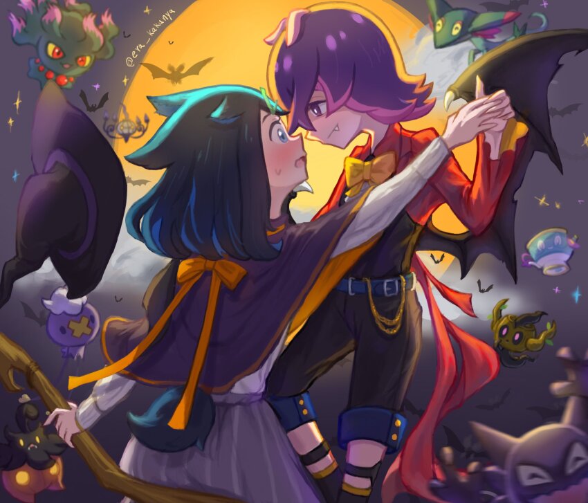2girls black_hair blush broom chandelure closed_mouth dot_(pokemon) dreepy dress drifloon fangs gen_1_pokemon gen_2_pokemon gen_4_pokemon gen_5_pokemon gen_6_pokemon gen_8_pokemon hair_ornament hairclip halloween halloween_costume hat haunter highres holding liko_(pokemon) long_hair long_sleeves misdreavus multicolored_hair multiple_girls nekomura_saki nintendo noibat open_mouth outdoors phantump pink_hair pokemon pokemon_(anime) pokemon_(creature) pokemon_horizons pumpkaboo purple_eyes purple_hair shirt short_hair sinistea smile teeth vampire_costume wings witch witch_hat