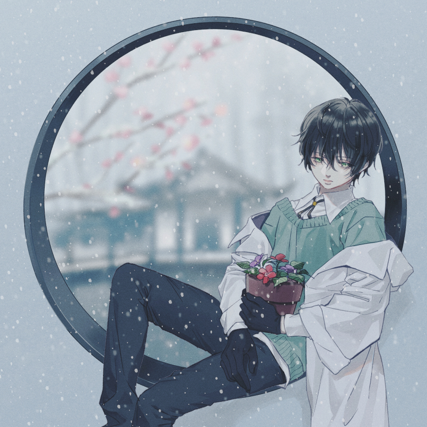 1boy black_gloves black_hair black_pants cherry_blossoms closed_mouth coat collared_shirt commission gloves green_sweater hair_between_eyes highres kurosujuu lab_coat long_sleeves male_focus original pants plant potted_plant shirt skeb_commission snow solo sweater white_coat white_shirt winter