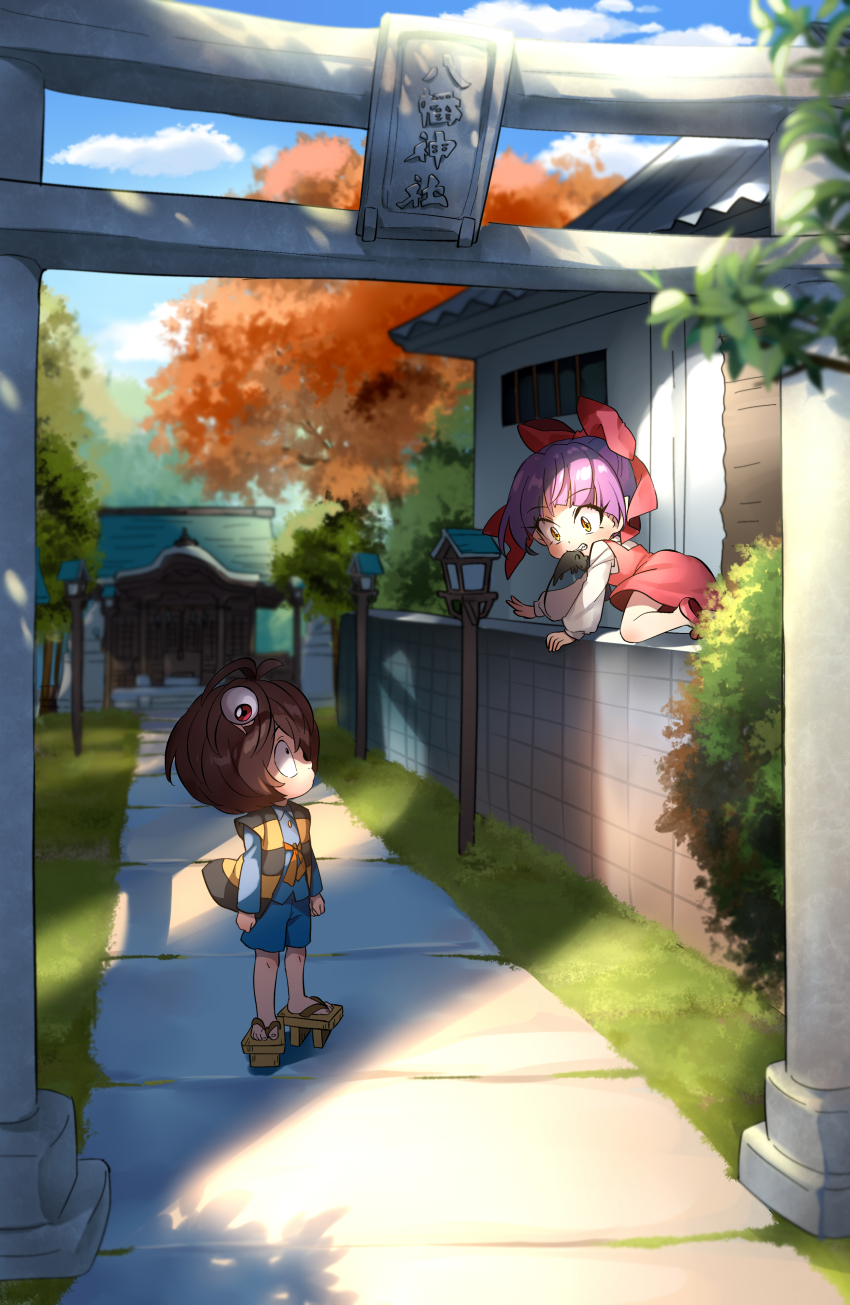 1boy 1girl absurdres brown_hair cat_girl chanchanko_(clothes) dress eyeball gegege_no_kitarou hair_ribbon highres kitarou lamppost medama_oyaji mouse_(animal) nekomusume nekomusume_(gegege_no_kitarou_6) on_wall purple_hair red_dress red_footwear red_ribbon ribbon sandals silanduqiaocui torii tree tree_shade yellow_eyes