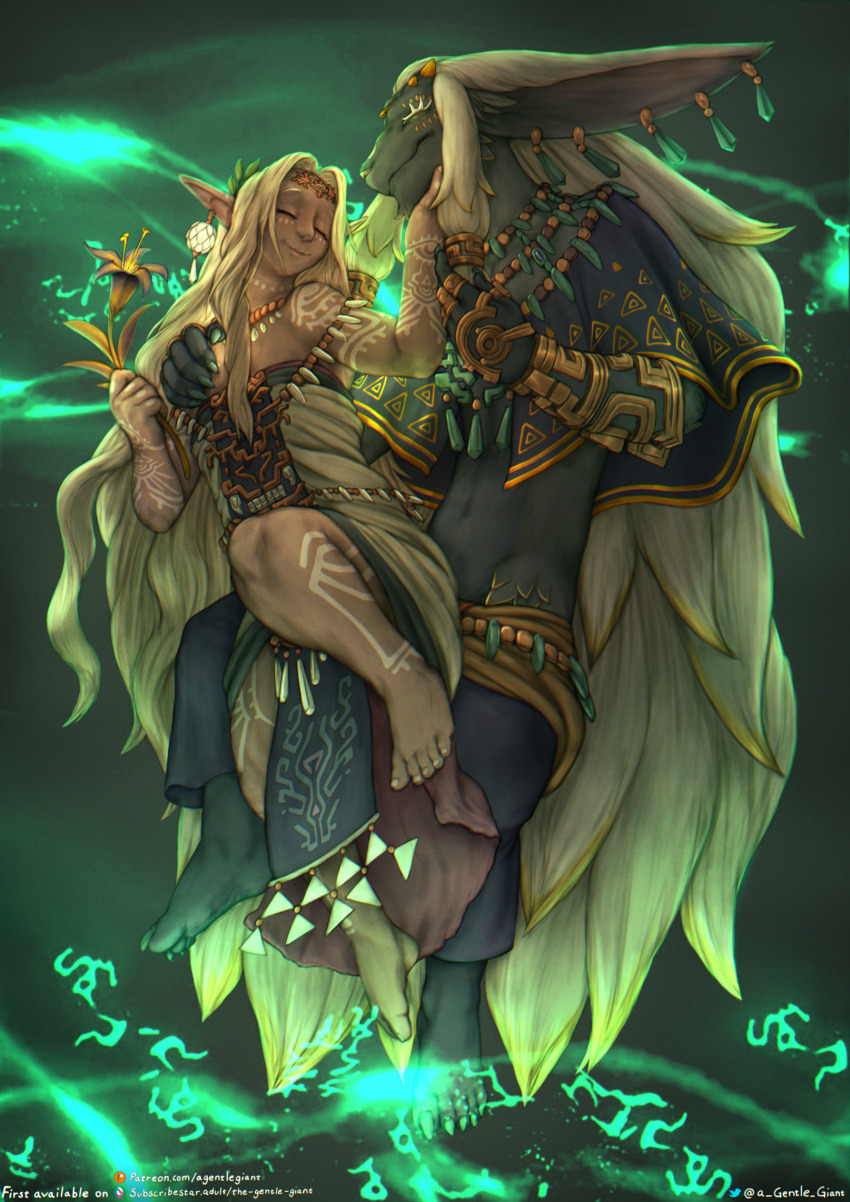 1boy 1girl barefoot blonde_hair closed_eyes couple dark-skinned_female dark_skin dress furry furry_male furry_with_non-furry hand_on_another&#039;s_face hand_on_another&#039;s_shoulder highres husband_and_wife interspecies long_hair navel nintendo pointy_ears rauru_(tears_of_the_kingdom) smile sonia_(zelda) stomach tattoo the_gentle_giant the_legend_of_zelda the_legend_of_zelda:_tears_of_the_kingdom very_long_ears very_long_hair zonai