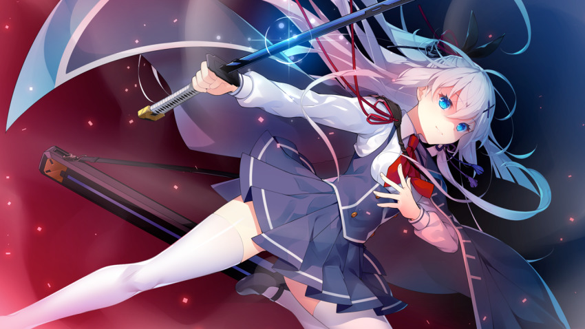 1girl akatsuki_yureru_koi_akari blue_eyes blush breasts feet_up female_focus fighting_stance floating_hair game_cg hair_between_eyes hands_up high_ponytail hilt holding holding_sword holding_weapon leg_lift legs light_blush long_hair looking_at_viewer nose_blush original ponytail school_uniform serious simple_background skirt small_breasts solo standing suzakuin_momiji sword thighhighs thighs usume_shirou weapon white_hair zettai_ryouiki