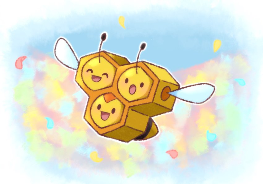 :d :o ^_^ animal_focus bee bug closed_eyes combee commentary_request day flying full_body gen_4_pokemon happy highres insect nintendo no_humans open_mouth outdoors outline petako_(ptpt_k) petals pokemon pokemon_(creature) pokemon_focus smile solo tongue