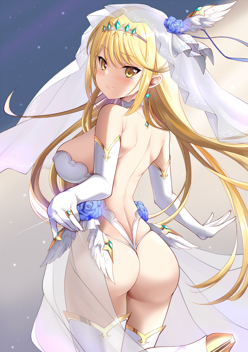 1girl alternate_costume ass bare_shoulders blonde_hair breasts bridal_veil bride cleavage cleavage_cutout clothing_cutout daive dress earrings elbow_gloves gloves highres jewelry large_breasts long_hair looking_back mythra_(xenoblade) ring solo swept_bangs thighhighs tiara veil very_long_hair wedding_dress white_gloves white_thighhighs wings xenoblade_chronicles_(series) xenoblade_chronicles_2 yellow_eyes