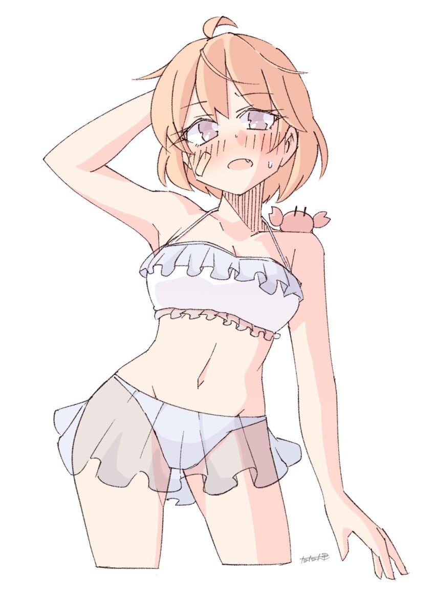 1girl ahoge animal animal_on_shoulder bandaid bandaid_on_face bikini bikini_skirt breasts brown_hair cowboy_shot crab crab_on_shoulder cropped_legs frilled_bikini frills grey_eyes highres kantai_collection medium_breasts oboro_(kancolle) see-through_clothes see-through_skirt short_hair simple_background skirt solo standing swimsuit tatahai white_background white_bikini