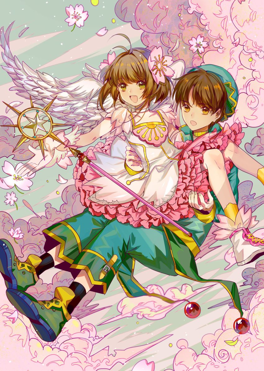 1boy 1girl :d absurdres antenna_hair brown_eyes brown_hair buckle cardcaptor_sakura cherry_blossom_hair_ornament cherry_blossoms cloud dress feathered_wings frilled_dress frills green_eyes green_footwear green_hat hat highres jamjar77 kinomoto_sakura li_xiaolang open_mouth pants petticoat pink_clouds red_pants shoes short_hair smile staff star_(symbol) teeth white_dress white_footwear white_wings wings