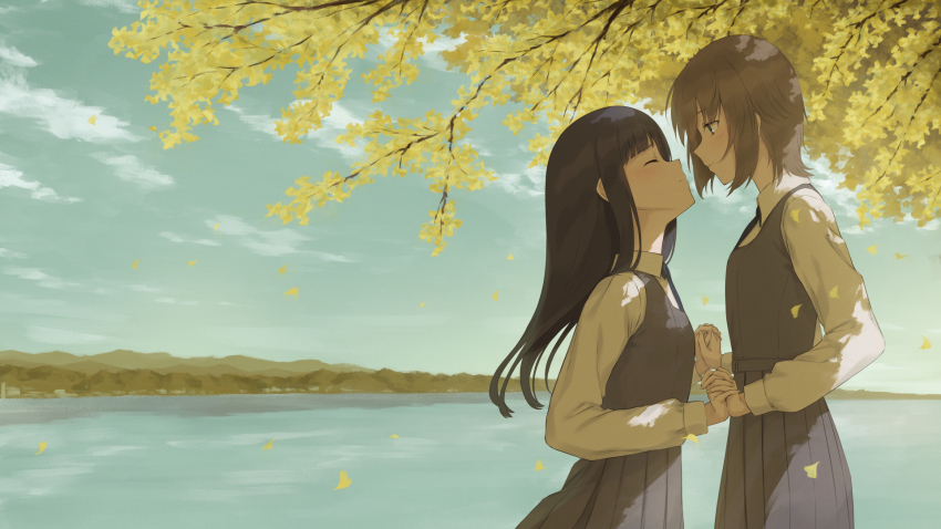 2girls black_hair brown_eyes brown_hair closed_eyes closed_mouth cloud collared_shirt dappled_sunlight falling_leaves ginkgo_leaf ginkgo_tree grey_skirt grey_vest highres holding_hands horizon imminent_kiss leaf long_hair long_sleeves mountainous_horizon multiple_girls nuenue ocean original outdoors pleated_skirt profile school_uniform shirt short_hair sidelocks skirt sky sunlight upper_body vest white_shirt yellow_leaves yuri