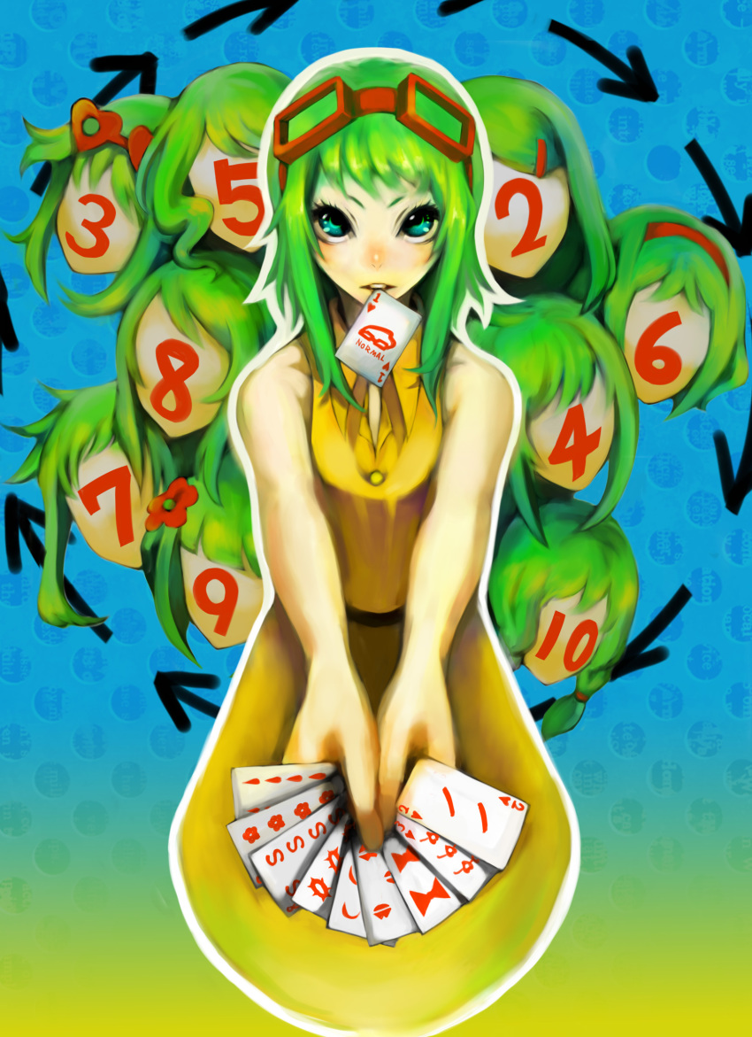 1girl aqua_eyes arrow_(projectile) bare_shoulders belt braid card dress faceless female_focus flower glasses goggles goggles_on_head green_hair gumi hair_ornament hairband hairclip highres holding holding_card juu_mensou_(vocaloid) looking_at_viewer mouth_hold multiple_persona no.734 short_hair solo standing teeth twin_braids vocaloid