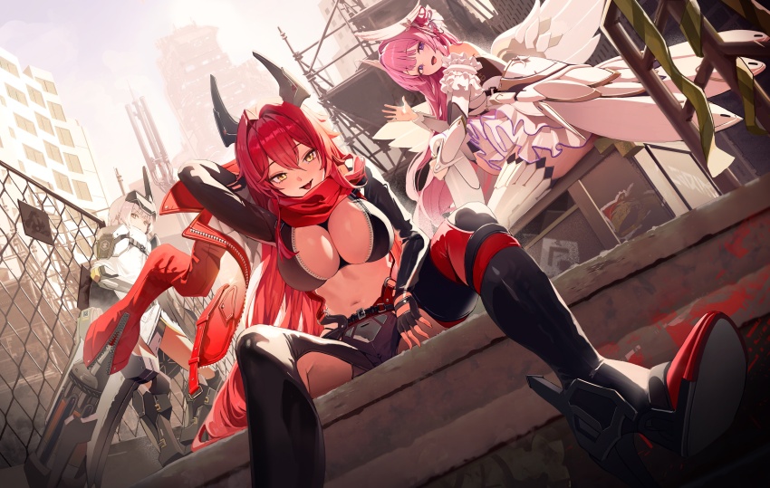 3girls absurdres angel_wings arm_up bare_shoulders blonde_hair breasts building chain-link_fence cleavage cloak clothing_cutout construction_site cropped_jacket day dorothy_(nikke) dress dutch_angle fence fingerless_gloves from_below glove_cutout gloves goddess_of_victory:_nikke hair_between_eyes hair_intakes hair_ornament hallo_(rltkdydrltk) hashtag-only_commentary head-mounted_display high_heels highres horns jacket large_breasts leather leather_jacket leather_pants leg_cutout long_hair looking_at_viewer mechanical_arms mechanical_horns multiple_girls navel open_mouth outdoors pants pink_hair purple_eyes red_hair red_hood_(nikke) red_jacket red_scarf scarf sitting snow_white_(innocent_days)_(nikke) snow_white_(nikke) standing thighhighs unzipped very_long_hair visor_(armor) visor_lift waving white_cloak white_dress wings zipper