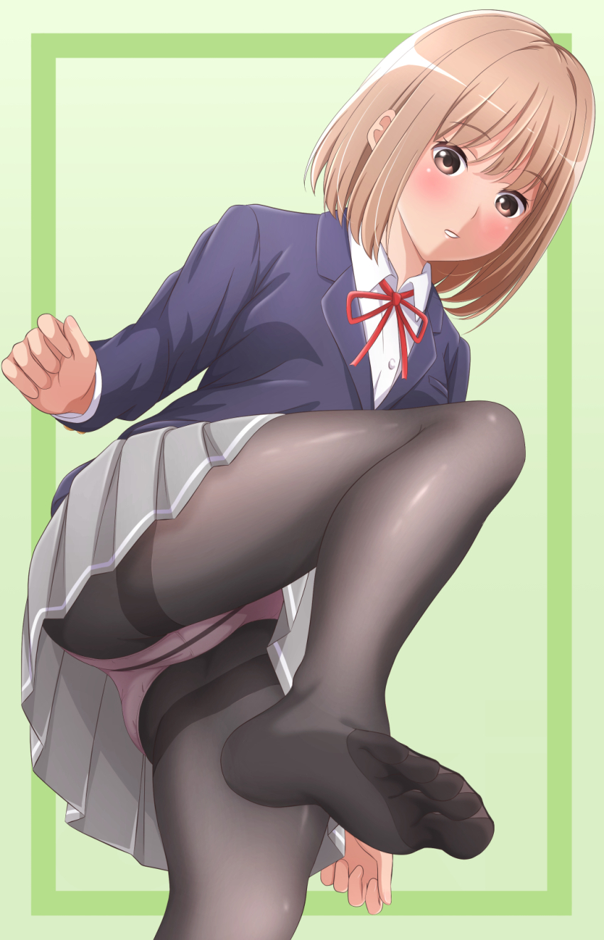 1girl akippoi_0919 black_pantyhose blazer blonde_hair brown_eyes feet foot_focus foreshortening highres jacket leg_up original panties panties_under_pantyhose pantyhose school_uniform soles standing standing_on_one_leg toes underwear