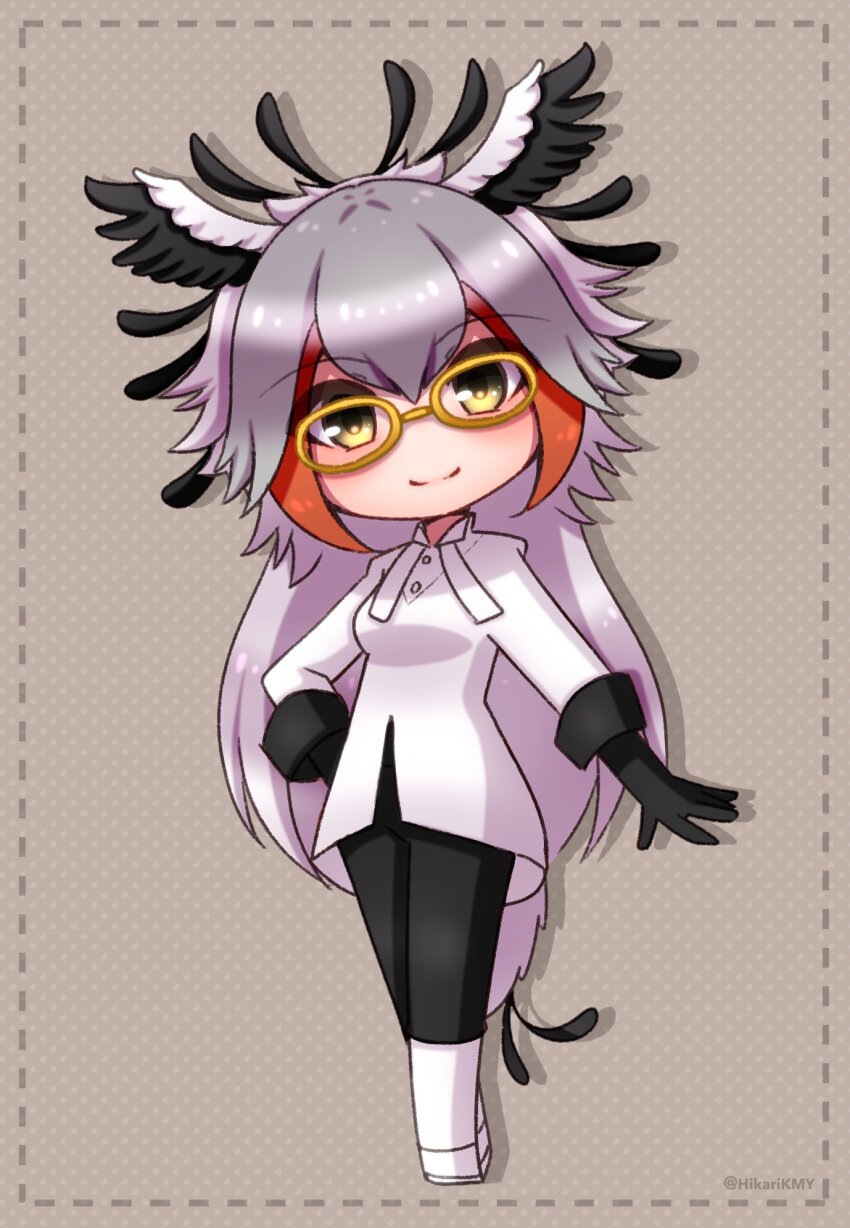 1girl bird_girl bird_tail bird_wings boots feathered_wings full_body glasses gloves grey_background grey_hair head_wings highres hikarikmy kemono_friends long_hair looking_at_viewer multicolored_hair orange_hair pants secretarybird_(kemono_friends) shirt simple_background solo tail two-tone_hair wings yellow_eyes