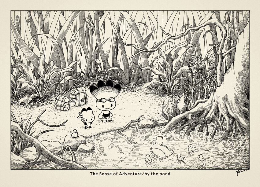 2boys animal baby_animal backpack bag bird black_shorts border branch camping commentary duck duckling english_commentary flag foliage forest grass greyscale holding holding_flag initial leaf lineart monochrome multiple_boys nature on_rock original outdoors plant rock scenery shoes shorts smile solid_circle_eyes stick takitasaki tree water white_border