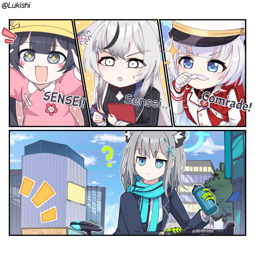 :d animal_ear_fluff backpack bag black_hair blue_archive blue_eyes blue_scarf bright_pupils cherino_(blue_archive) cross_hair_ornament extra_ears facial_hair flying_sweatdrops gloves hair_ornament halo highres kisaki_(blue_archive) kokona_(blue_archive) lukishi mismatched_pupils mustache open_mouth pencil scarf shiroko_(blue_archive) smile sparkling_eyes white_gloves white_hair