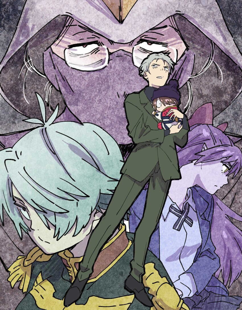 1boy 1girl 20091002 absurdres ahoge black_hair blunt_bangs child closed_mouth crossover father_and_son full_body gegege_no_kitarou glasses grandma grandmother_and_grandson grey_hair gundam gundam_gquuuuuux hair_over_one_eye hair_ribbon hair_tie hat highres hug jacket kitarou kitarou_tanjou:_gegege_no_nazo loafers long_hair long_sleeves mask mature_female mature_male medama_oyaji_(human) military mizuki_(gegege_no_kitarou) mouth_mask nekomusume one_eye_closed one_eye_covered pants parody parted_bangs puffy_hat pulling_another&#039;s_clothes red_ribbon ribbon school_uniform shoes short_hair sideways_face very_short_hair zooming_in