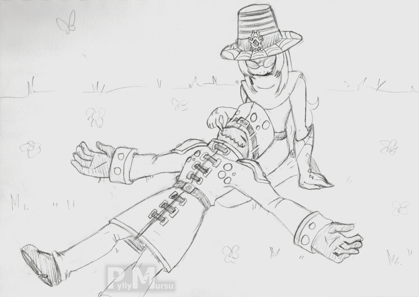 archnemon belt blue_hair digimon digimon_(creature) digimon_adventure_02 glasses hat highres long_hair monochrome mummymon sketch traditional_media yellow_eyes