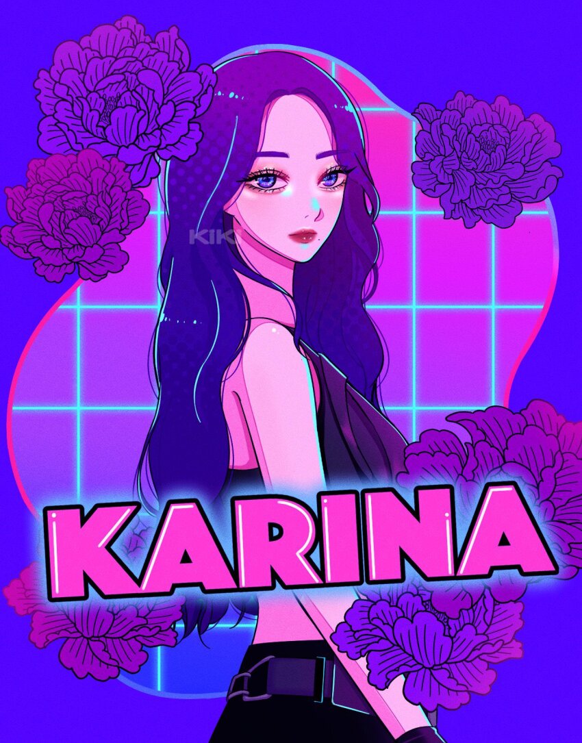 1girl aespa artist_name_(singer) black_hair blue_eyes closed_mouth commentary_request cowboy_shot eyeshadow flower highres k-pop karina_(aespa) long_hair makeup mascara mole profile real_life red_lips sail_ofhope solo