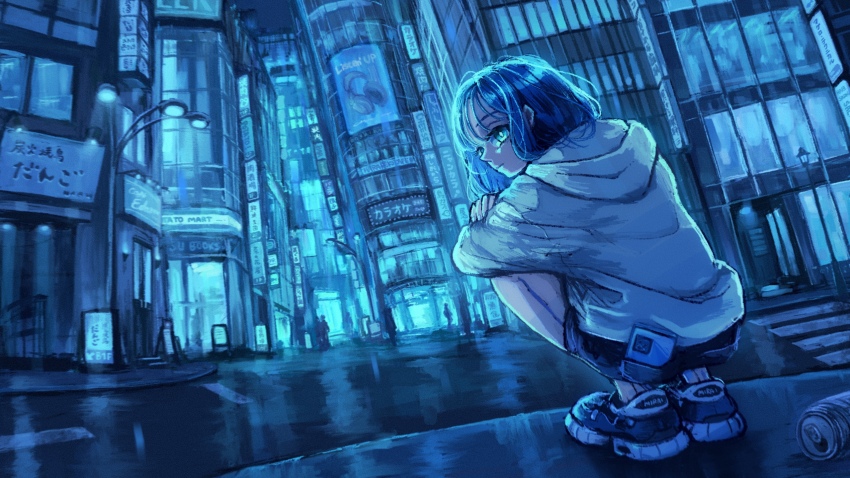 1girl ad blue_theme breasts bright_pupils building can cellphone city city_lights cityscape closed_mouth commentary commentary_request crosswalk drink_can dutch_angle english_commentary english_text expressionless fingernails from_behind full_body highres hood hood_down hoodie lamppost long_sleeves looking_back medium_breasts mixed-language_commentary monochrome night original people phone phone_in_pocket port_(portzzz) road shoes short_shorts shorts sidelocks sideways_glance sign skyscraper smartphone sneakers soda_can solo_focus squatting turning_head white_pupils window
