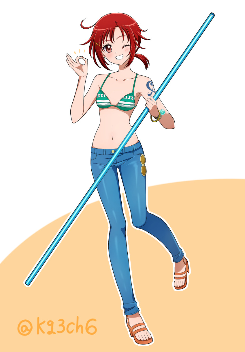1girl ;d absurdres bangle bare_arms bikini bikini_top_only blue_pants blush bracelet breasts clima-tact collarbone commentary commission company_connection cosplay denim earrings full_body gold_bracelet green_bikini grin hair_ornament highres hino_akane_(smile_precure!) holding holding_polearm holding_weapon jeans jewelry kagami_chihiro knees_together_feet_apart log_pose looking_at_viewer low_ponytail money_gesture nami_(one_piece) nami_(one_piece)_(cosplay) nami_(one_piece)_(return_to_sabaody) navel no_shirt notice_lines one_eye_closed one_piece open_mouth orange_background outline pants pearl_earrings pixiv_commission polearm ponytail precure red_eyes red_hair sandals short_ponytail shoulder_tattoo small_breasts smile smile_precure! solo standing swimsuit tattoo teeth toei_animation toes twitter_username two-tone_background weapon white_background white_outline x_hair_ornament