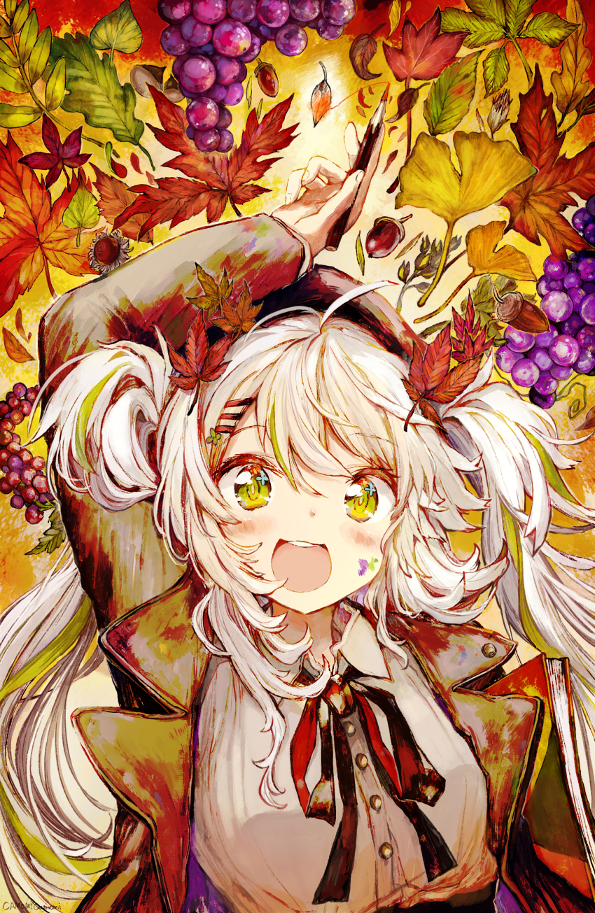 1girl :d acorn ahoge arm_up autumn autumn_leaves beret black_hat black_ribbon blush book breasts camomi camomi_camomi collared_shirt commentary_request dress_shirt food fruit ginkgo_leaf grapes green_eyes green_hair grey_jacket grey_shirt hair_between_eyes hair_ornament hairclip hat highres holding holding_pen indie_virtual_youtuber jacket leaf long_hair looking_at_viewer maple_leaf multicolored_hair neck_ribbon open_clothes open_jacket open_mouth pen ribbon shirt small_breasts smile solo streaked_hair twintails upper_body virtual_youtuber white_hair