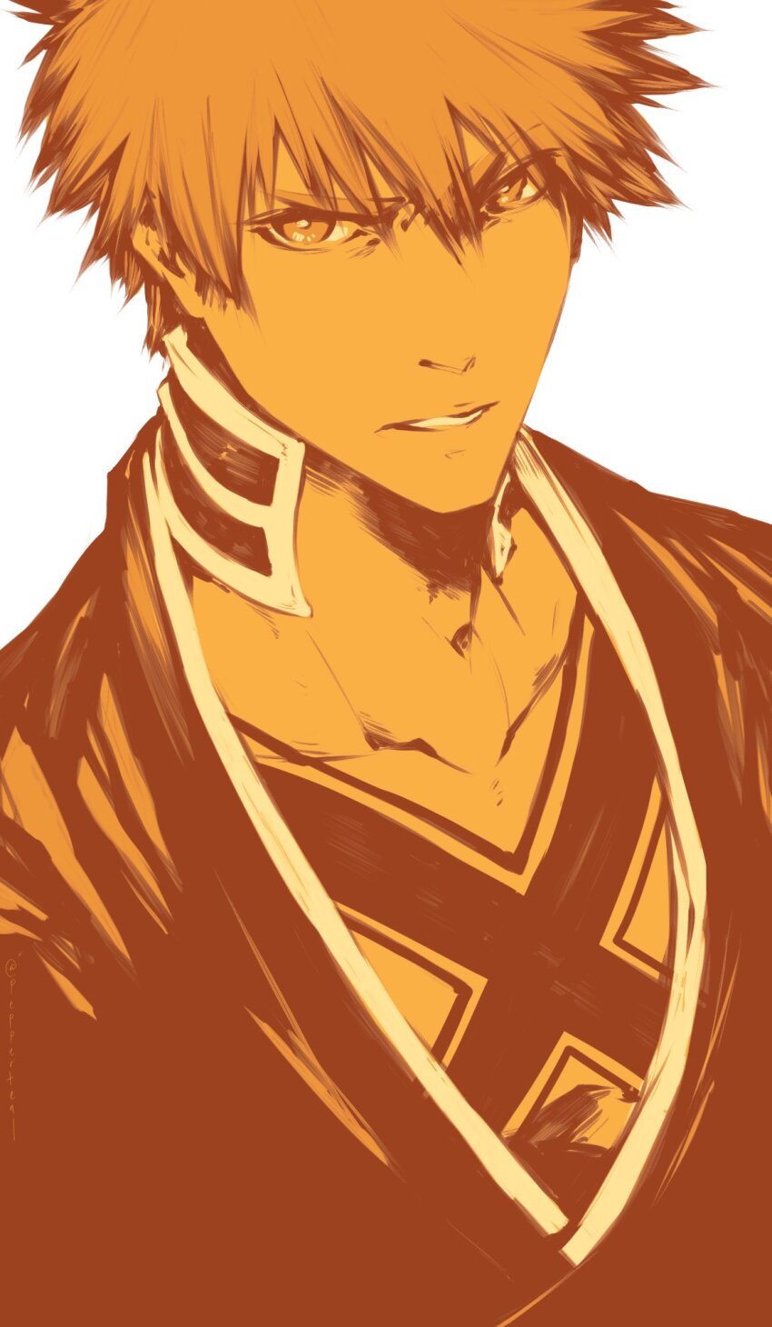 1boy bleach bleach:_sennen_kessen-hen collarbone hair_between_eyes highres japanese_clothes kimono kurosaki_ichigo looking_at_viewer male_focus monochrome orange_eyes orange_hair orange_theme parted_lips peppertea shihakusho solo v-shaped_eyebrows white_background