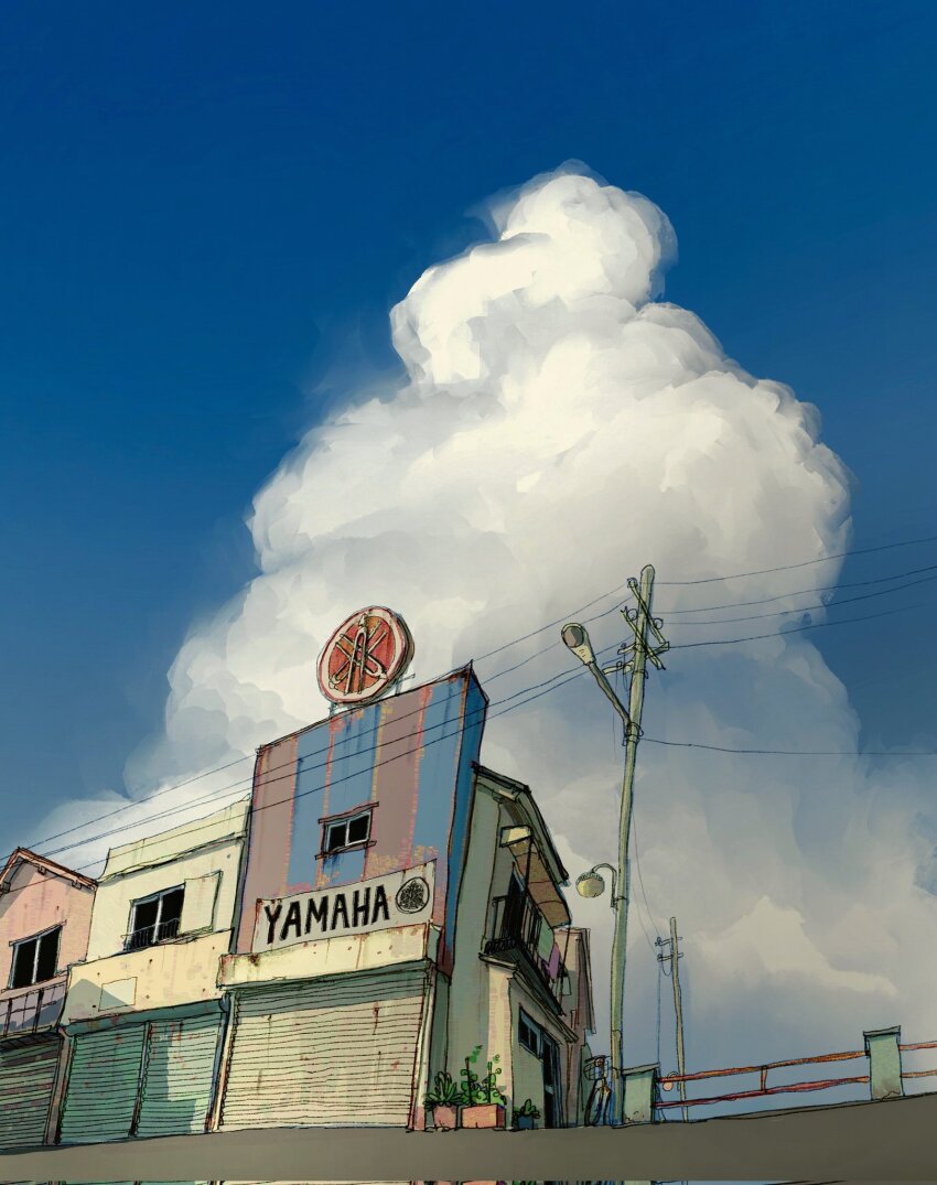 alariko blue_sky building cloud cloudy_sky cumulonimbus_cloud day garage highres house lamppost no_humans original power_lines scenery shadow sky sliding_doors sunlight utility_pole yamaha