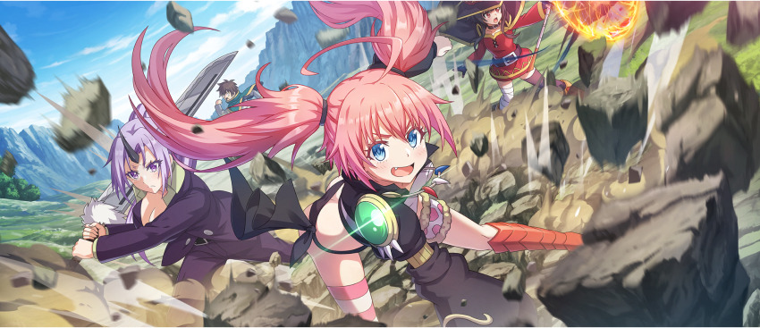 1boy 3girls :d ahoge ass bandaged_leg bandages belt belt_collar black_belt black_cloak black_gloves black_hat black_horns black_panties black_thighhighs blue_eyes blue_sky boots breasts brown_belt brown_boots brown_hair butt_crack cape casting_spell cleavage cloak closed_mouth collar collarbone collared_shirt crop_top crossover day debris dress dust fang fingerless_gloves fleeing floating_hair formal_clothes game_cg gloves green_cape hair_between_eyes hair_tie hat high_ponytail highres holding holding_staff holding_sword holding_weapon horns huge_ahoge huge_weapon jacket jewelry knee_boots kono_subarashii_sekai_ni_shukufuku_wo! konosuba!_fantastic_days large_breasts leaning_forward light_blush long_hair long_sleeves looking_at_viewer looking_back mage_staff magic magic_circle megumin milim_nava multiple_girls necklace off-shoulder_dress off_shoulder official_art oni open_mouth outdoors pant_suit panties pants parted_bangs pink_hair pink_thighhighs ponytail purple_eyes purple_hair purple_jacket purple_pants purple_suit red_boots red_dress red_eyes satou_kazuma serious shion_(tensura) shirt short_dress short_hair short_hair_with_long_locks side-tie_panties sidelocks single_horn single_thighhigh sky small_breasts smile staff standing striped_clothes striped_thighhighs suit suit_jacket sword tensei_shitara_slime_datta_ken thigh_strap thighhighs twintails two-tone_thighhighs underwear v-shaped_eyebrows very_long_hair weapon white_shirt white_thighhighs witch_hat yellow_shirt