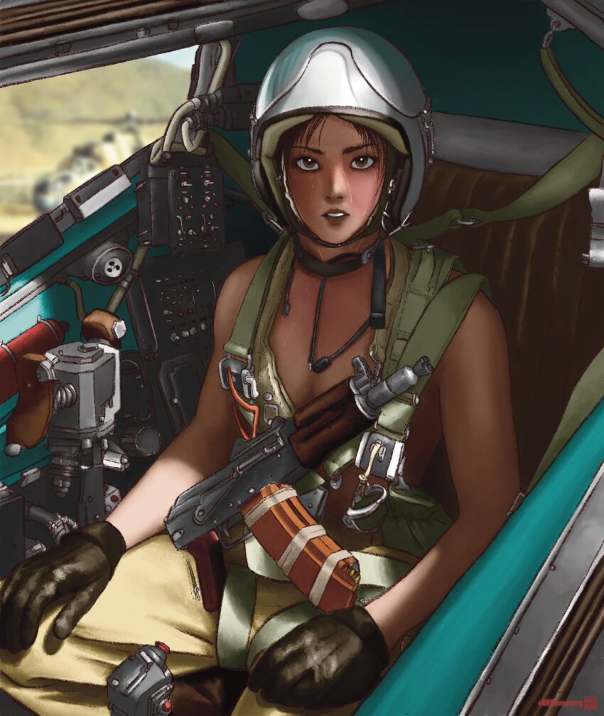 1girl afghanistan aircraft aks-74u assault_rifle attack_helicopter black_gloves breasts brown_eyes chest_rig cleavage cockpit derivative_work gloves gun helicopter helmet highres kalashnikov_rifle looking_at_viewer mi-24 military military_uniform military_vehicle nnnmengmeng open_cockpit open_mouth original pilot pilot_helmet real_world_location rifle small_breasts soviet soviet_air_force soviet_army sweat teeth war_in_afghanistan weapon white_helmet