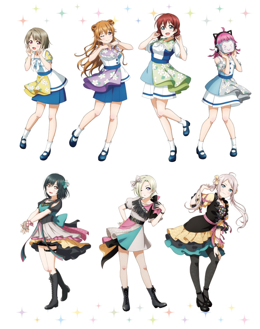 6+girls ahoge animal_ears artbook black_boots black_pantyhose blonde_hair blue_eyes boots bow brown_hair double_bun dress emma_verde fake_animal_ears floral_print green_hair grey_hair hair_bow hair_bun hair_over_one_eye highres konoe_kanata long_hair looking_at_viewer love_live! love_live!_nijigasaki_high_school_idol_club mia_taylor mifune_shioriko multiple_girls nakasu_kasumi non-web_source official_art one_eye_closed pantyhose pink_eyes pink_hair purple_eyes red_eyes rina-chan_board short_hair smile standing standing_on_one_leg tennoji_rina twintails zhong_lanzhu